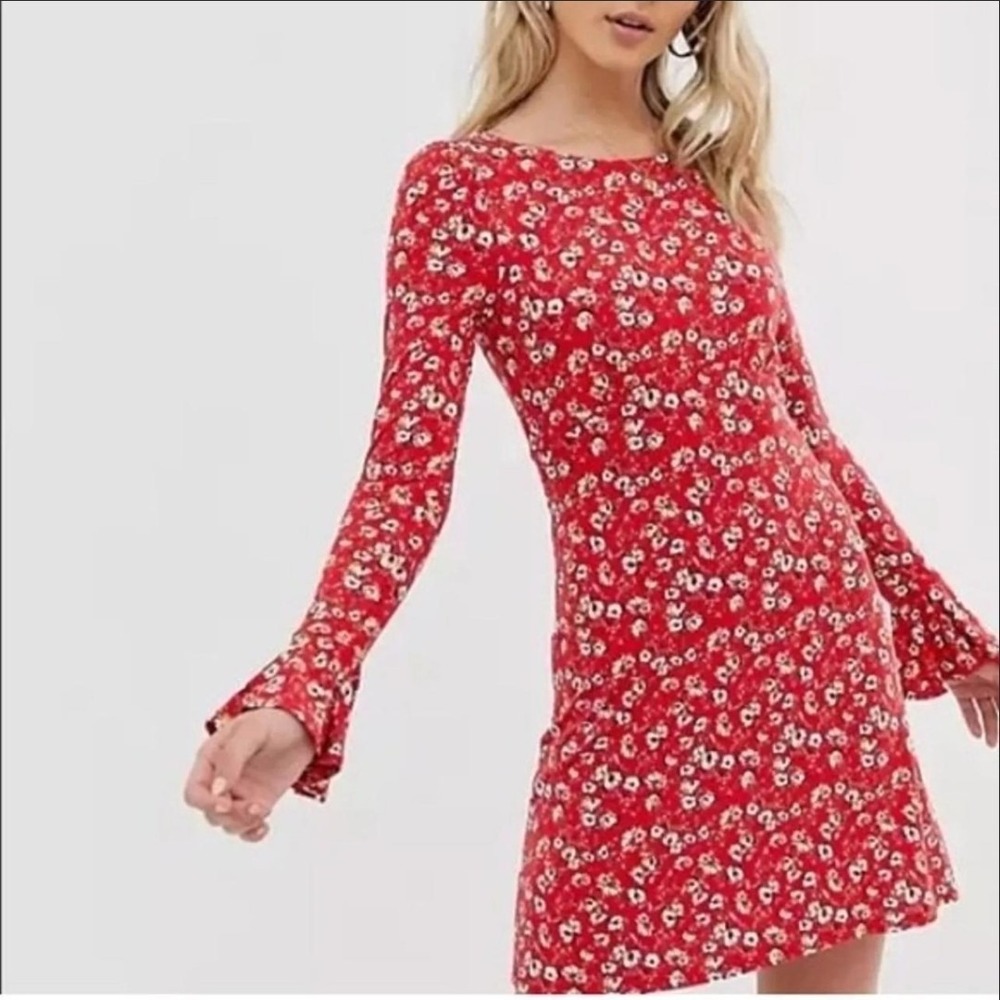 Free People Red Combo Dress - Size Small - Round Neck Floral Print